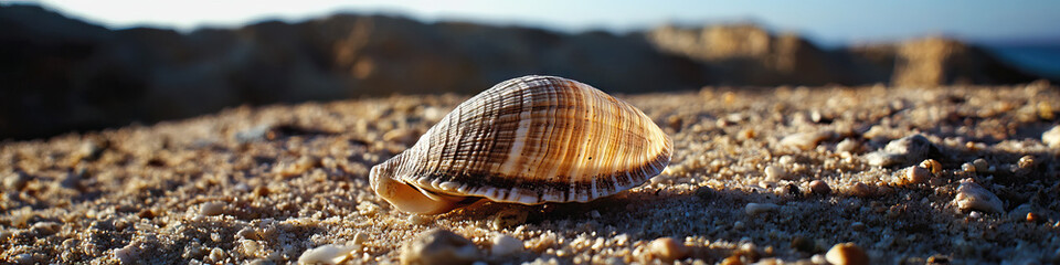 Wall Mural - Seashell on Sandy Beach at Sunset