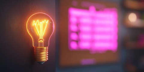 Poster - Neon Luminescent Innovation Glass Lightbulb with Vibrant Glow in Office Setting for Business Creativity and Tech-Driven Problem Solving
