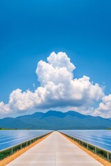 Poster - Modern Solar Field Aesthetic Industrial Solar Panels under Blue Sky with Cloud Formations - Clean Energy Content for Sustainable Power Marketing and Green Technology Promotion