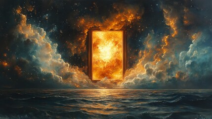 Poster - Golden Portal to the Cosmos: An Ethereal Gateway Between the Ocean and the Stars, A Symphony of Light and Shadow, Reflecting on the Waves, A Dreamlike Landscape.
