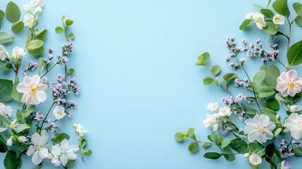 A flat lay of small white flowers and green leave background