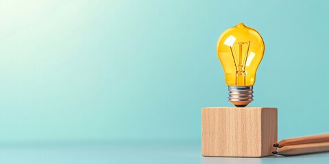 Fototapete - Contemporary Workspace Element Wooden Block with Lightbulb Icon and Writing Tools on Minimal Desk - Business Innovation Content for Creative Industry Visionaries