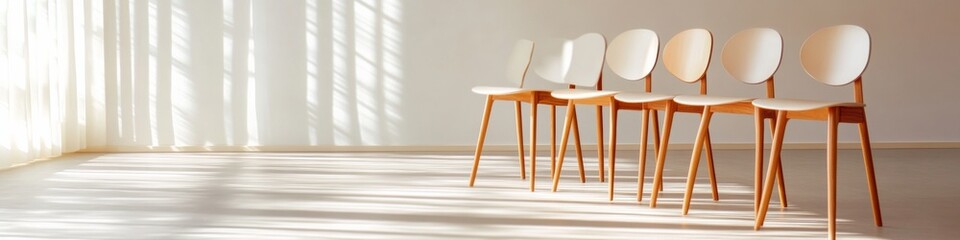 Poster - Minimalist Nordic Chairs in Sunlit Workshop Elegant Wooden Seating for Modern Education Spaces and Knowledge Sharing in Business Innovation Settings