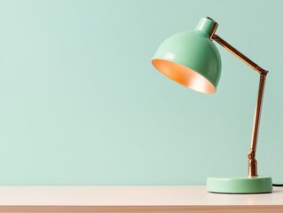 Poster - Retro Desk Light Ingenuity Mint Green Brass Lamp on Wood for Vintage Workspace Elegance - Inspiring Focused Learning and Chic Home Office Transformation