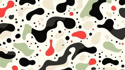 Poster - Abstract Shapes Pattern with Black Red Beige and Green Irregular Blob Forms and Dots on Cream Background