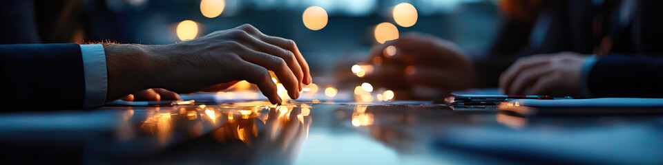 Canvas Print - Close-up of Hands Interacting with Documents at Night