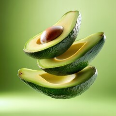 Poster - Fresh Avocado Slices Stacked High on Green Background Showcasing Healthy Eating and Vibrant Colors