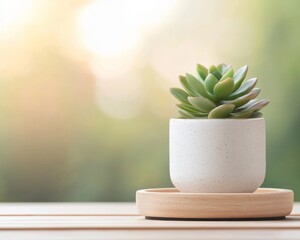 Poster - Minimalist Succulent Display Ceramic Pot and Wooden Tray for Contemporary Office Spaces - Enhancing Biophilic Design in Modern Corporate Work Environments