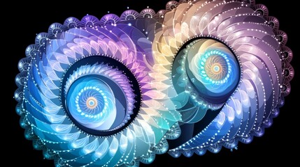 Poster - abstract spirals of color and light with repeating patterns against a dark background