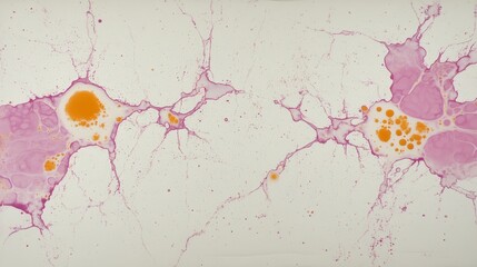 Poster - Abstract Splatter Art with Orange and Purple Fluid Spills on White Surface Creating Lines and Shapes