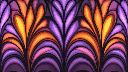 Poster - Abstract Stained Glass Design With Flowing Purple Orange Yellow Shapes And Dark Background