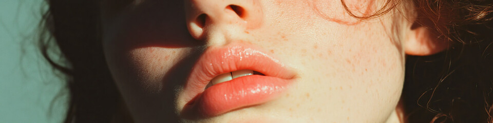 Poster - Close-up Photograph of a Woman's Face with Freckles and Reddish-Brown Hair