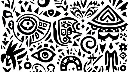 Poster - Abstract Stylized Figures and Shapes Art in Black Ink on White Surface Pattern Design