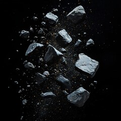 Poster - Abstract cosmic composition of black stones and golden dust floating in dark space design