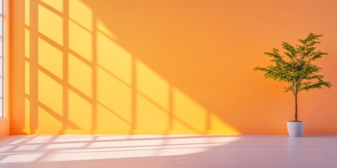 Poster - Sunlit Minimalism Open Office Design with Vibrant Orange Walls and Greenery - Inspiring Creative Workspace for Contemporary Professionals in the Digital Age