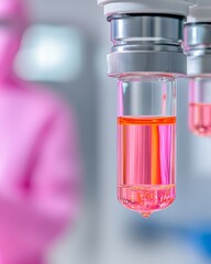 Poster - Futuristic Laboratory Design Pink Chemist in Focus with Precision Glass Vials and Advanced Monitoring - Cutting-Edge Pharmaceutical Research and High-Tech Lab Efficiency
