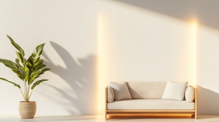 Poster - Contemporary Minimalist Living Scandinavian-Inspired Neutral Sofa in Urban Micro-Apartment for Real Estate and Modern Home Design
