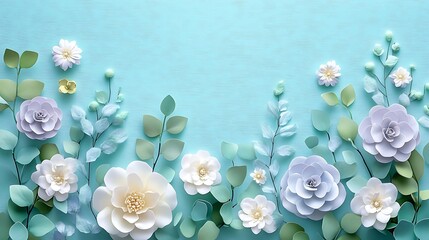 A flat lay of small white flowers and green leave background