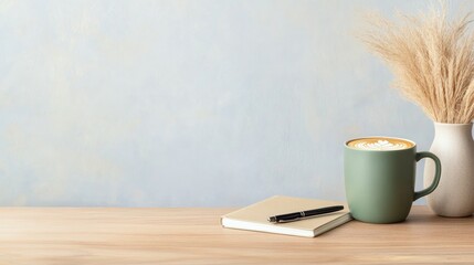 Poster - Modern Workspace Elegance Midnight Green Coffee Cup and Minimalist Notebook on Wood Desktop - Aesthetic Design for Remote Work and Contemporary Interior Styling
