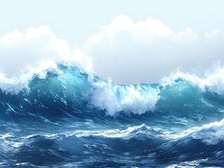 Poster - Majestic ocean wave illustration with white clouds and blue water creating a serene seascape