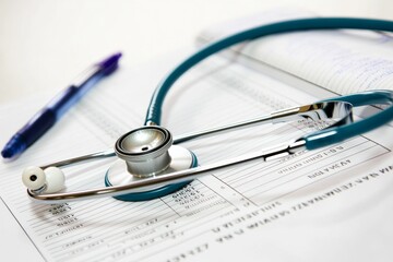 Aufkleber - Clinical Excellence Imagery Modern Stethoscope and Clipboard on Sleek Desk with Medical Charts - Healthcare Practice Content and Professional Documentation Tools