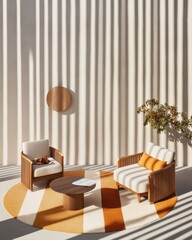 Poster - Scandinavian Minimalist Seating Wooden Lounge Chairs with Striped Wool Rug - Modern Therapy Office and Professional Interior Aesthetic for Mental Health Spaces