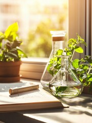Poster - Sunlit Botanical Workspace Glass Beakers with Greenery in Modern Home Office - Eco-Friendly Aesthetic for Inspiring Professional Environments and Biophilic Design Integration