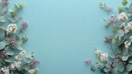 A flat lay of small white flowers and green leave background