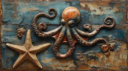 Poster - Ocean Depths Artifact: A Vintage Wooden Relief Featuring a Textured Octopus and Starfish, Embodying Marine Mystique and Antique Seafaring Charm