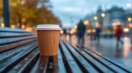 Poster - Urban Coffee Culture Disposable Cup on City Bench Amidst Blurred Pedestrians Capturing Movement and Urban Lifestyle for Marketing and Public Transport Innovations