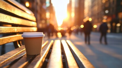 Poster - Urban Transience Aesthetic Disposable Coffee Cup on Wooden Bench in Motion Blur - Capturing Modern Lifestyle Movement and Public Space Dynamics