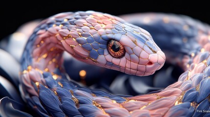 Aufkleber - Serpentine Majesty: A close-up of a coiled snake with intricate scales shimmering in shades of pink and blue, outlined with delicate gold, gazing intently.