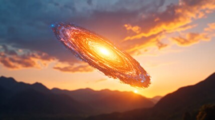 Aufkleber - Contemporary Celestial Graphic Vivid Spiral Galaxy Amidst Sunset Sky - Modern Astronomy Education Visuals and Digital Content for Scientific Awareness