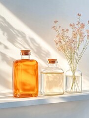 Aufkleber - Minimalist Glassware Display Symmetrical Corked Bottles with Delicate Flowers on Sunlit Shelf - Luxurious Home Decor and Elegant Interior Styling for Contemporary Spaces