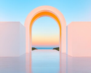Leinwandbilder - Minimalist Courtyard Architecture White Arches and Columns with Lush Greenery and Sky Backdrop - Modern Serenity for Luxury Real Estate and Design Inspiration