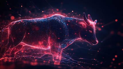 Poster - Digital Bull in Red and Blue Light Emerging on Dark Background Symbolizing Financial Strength