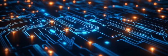 Poster - Futuristic Circuit Board, Abstract Background With Blue Lines And Orange Dots, Technology Concept
