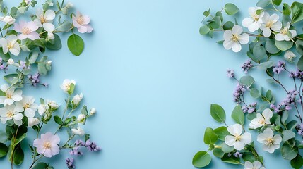 A flat lay of small white flowers and green leave background
