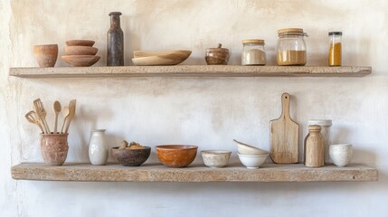 Canvas Print - A rustic kitchen shelf with handcrafted spice jars, wooden utensils, and ceramic bowls neatly arranged.