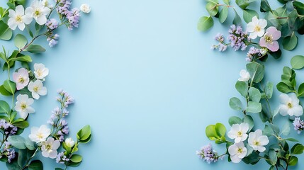 A flat lay of small white flowers and green leave background