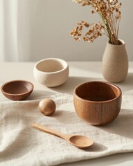 Poster - Contemporary Montessori-Inspired Setup Wooden Learning Tools and Natural Textures on Linen - Innovative Educational Content for Early Childhood Development