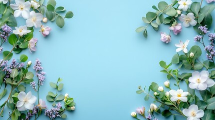 A flat lay of small white flowers and green leave background