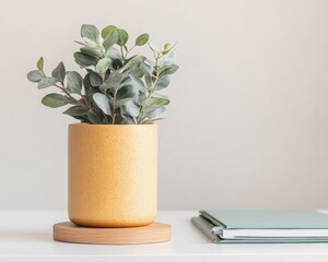 Poster - Scandinavian Home Office Design Minimalist Workspace with Eucalyptus in Ceramic Pot for Eco-Friendly Remote Productivity and Modern Desk Organization