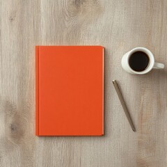Poster - Scandi Minimalist Desk Setup Vibrant Orange Journal and Pen on Natural Wood with Coffee - Effortless Lifestyle Vibe for Modern Workspace and Creative Focus