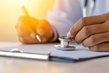Poster - Sunlit Medical Workspace Professional Healthcare Provider with Notes and Stethoscope on Wooden Desk - Clinical Documentation and Modern Patient Care Solutions