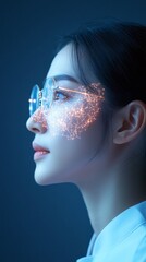 Poster - Futuristic Healthcare Insights Asian Woman Analyzing Data Visualization with Digital Face Mapping for Advanced Predictive Health Solutions
