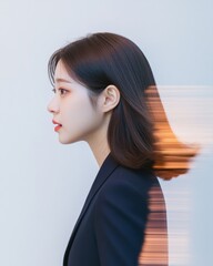 Fototapete - Dynamic Hybrid Workspaces Korean Businesswoman in Motion - Navy Suit and Tech Interaction for Innovative Corporate Communication and Agile Work Environments