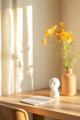 Poster - Scandinavian Minimalist Workspace Sunlit Desk with Decorative Floral Vase and Abstract Bust Sculpture - Modern Home Office Content and Elegant Interior Design Inspiration