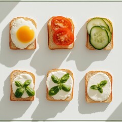 Aufkleber - Minimalist Snack Display Crisp Toast with Fresh Toppings on White Surface - Culinary Content and Healthy Lifestyle Branding for Modern Food Styling
