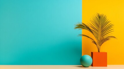 Poster - Geometric Plant Display Vibrant Palm in Orange Geometric Pot with Teal Sphere on Bicolor Wall - Contemporary Office Decor and Branding for Visual Innovation